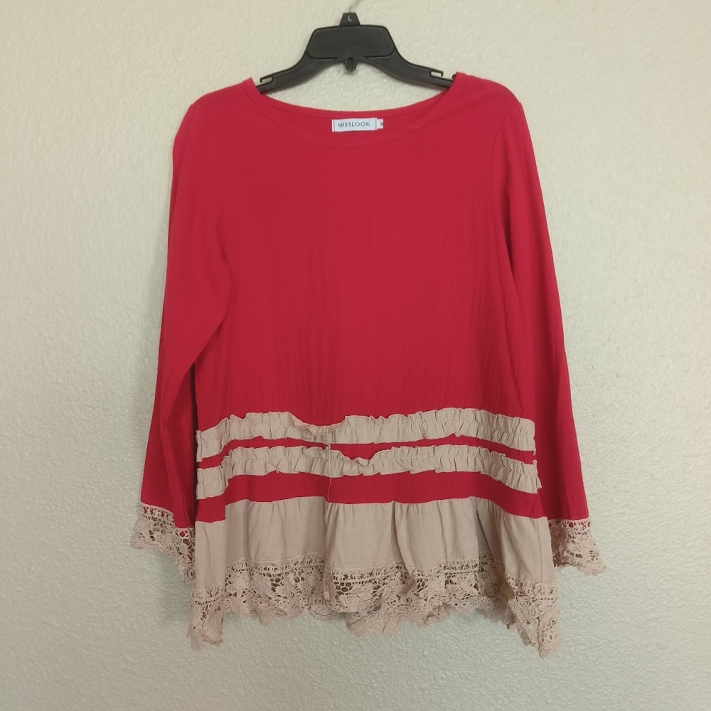 MISSLOOK red blouse with beige embroidery on the edges size M 3/4 sleeve